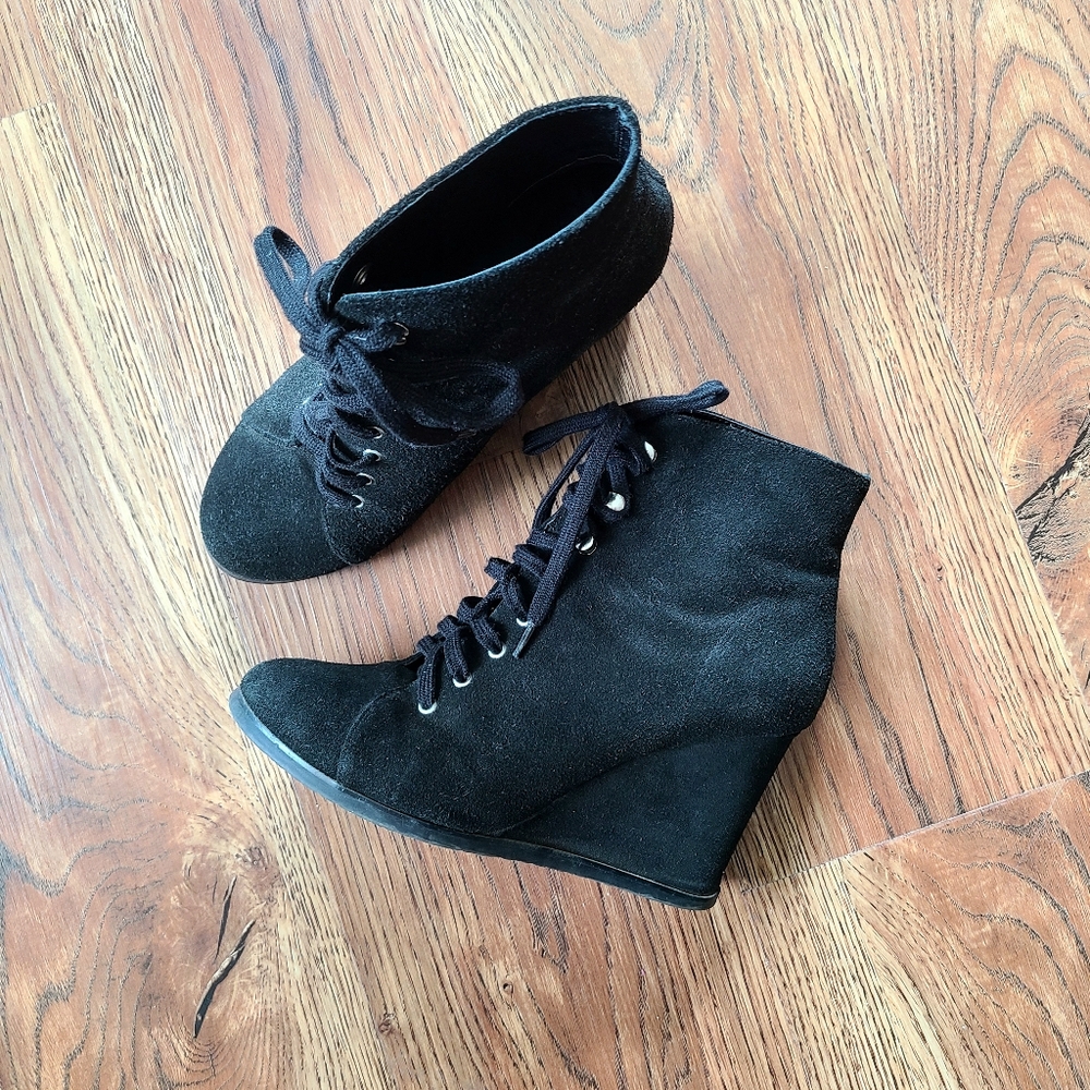 FREE w. Purchase-Black Suede Leather Wedge Ankle Boots